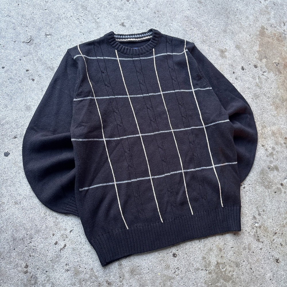 Basic Editions Mens Black Plaid Cable Knit Crewneck Sweater Size M Cotton Blend
